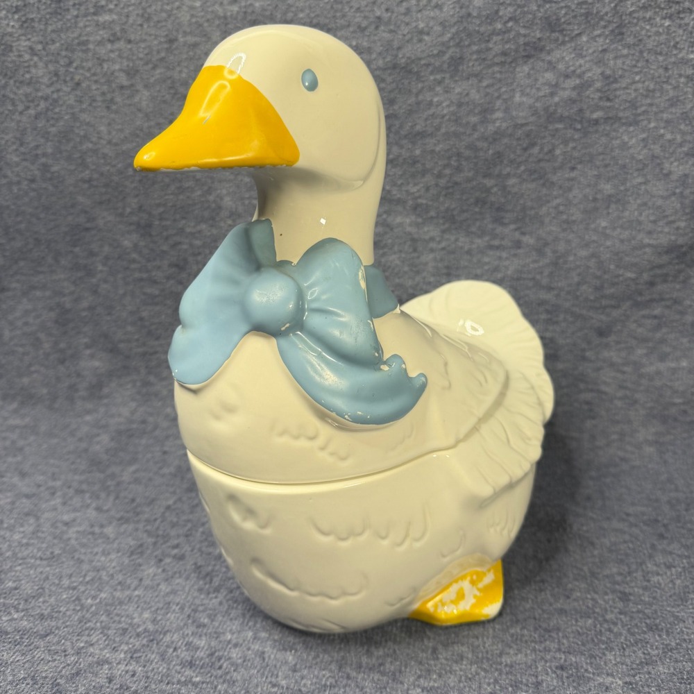 Vintage Ceramic Goose Cookie Jar White Country Farmhouse Blue Bow Kitsch Decor - Picture 3 of 9